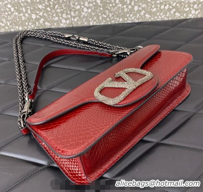 New Fashion Valentino Loco Medium Shoulder Bag in Snakeskin Embossed Leather with Strass VLTN6030 Dark Red 2024