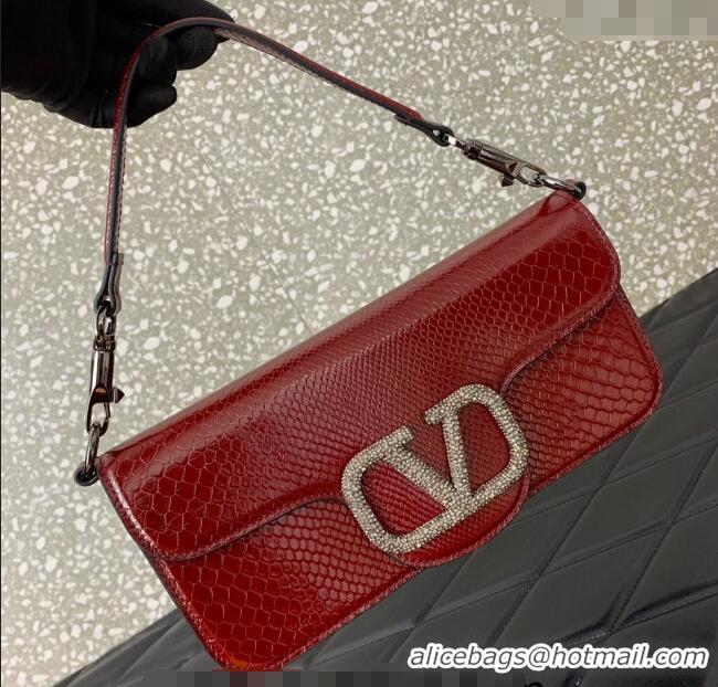 New Fashion Valentino Loco Medium Shoulder Bag in Snakeskin Embossed Leather with Strass VLTN6030 Dark Red 2024