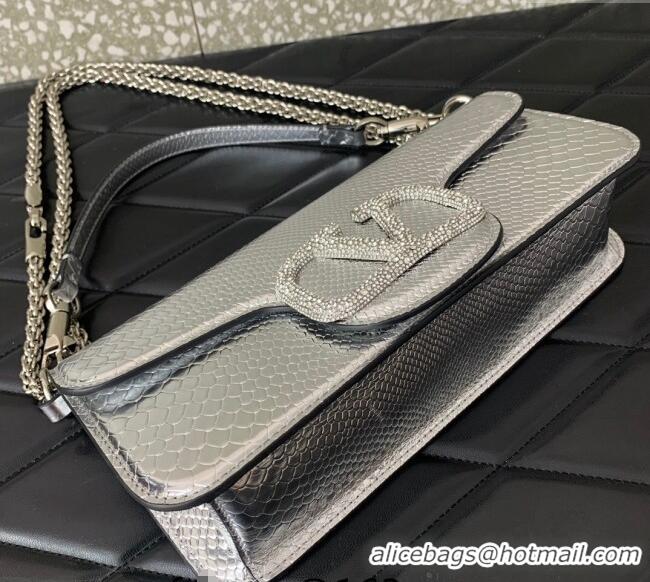 Reasonable Price Valentino Loco Medium Shoulder Bag in Snakeskin Embossed Leather with Strass VLTN6030 Silver 2024