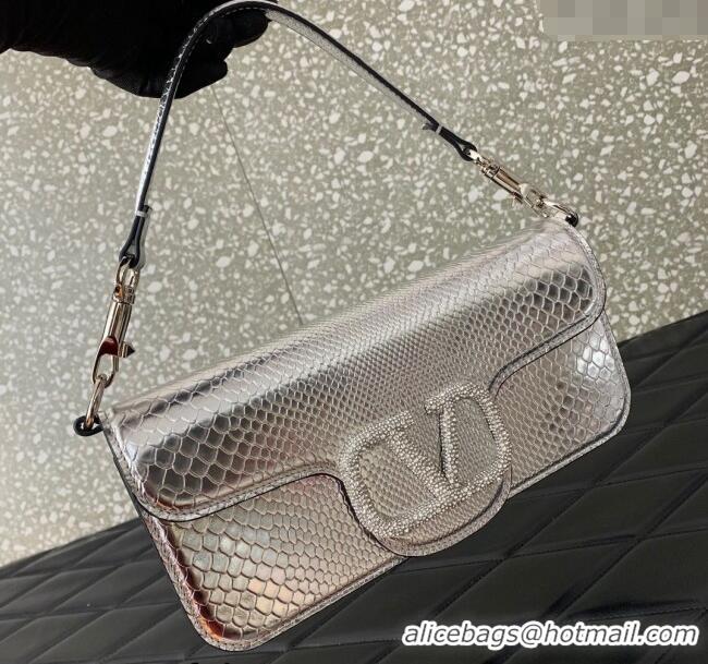 Reasonable Price Valentino Loco Medium Shoulder Bag in Snakeskin Embossed Leather with Strass VLTN6030 Silver 2024