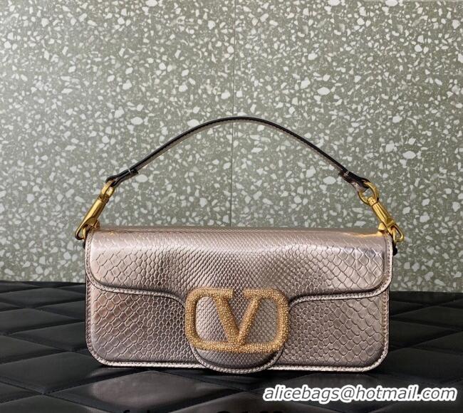 Top Quality Valentino Loco Medium Shoulder Bag in Snakeskin Embossed Leather with Strass VLTN6030 Pink 2024