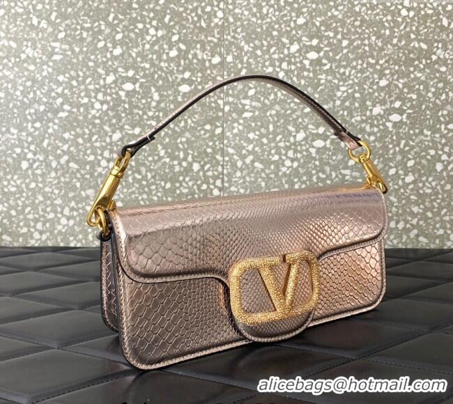 Top Quality Valentino Loco Medium Shoulder Bag in Snakeskin Embossed Leather with Strass VLTN6030 Pink 2024