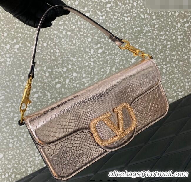 Top Quality Valentino Loco Medium Shoulder Bag in Snakeskin Embossed Leather with Strass VLTN6030 Pink 2024