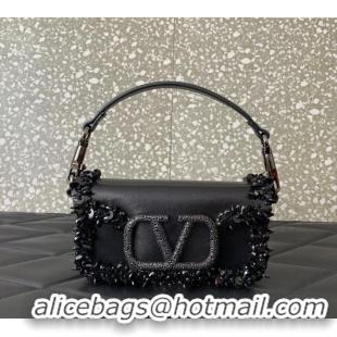 Most Popular Valentino Loco Small Shoulder Bag with Embroidered Trim 6036 Black 2024