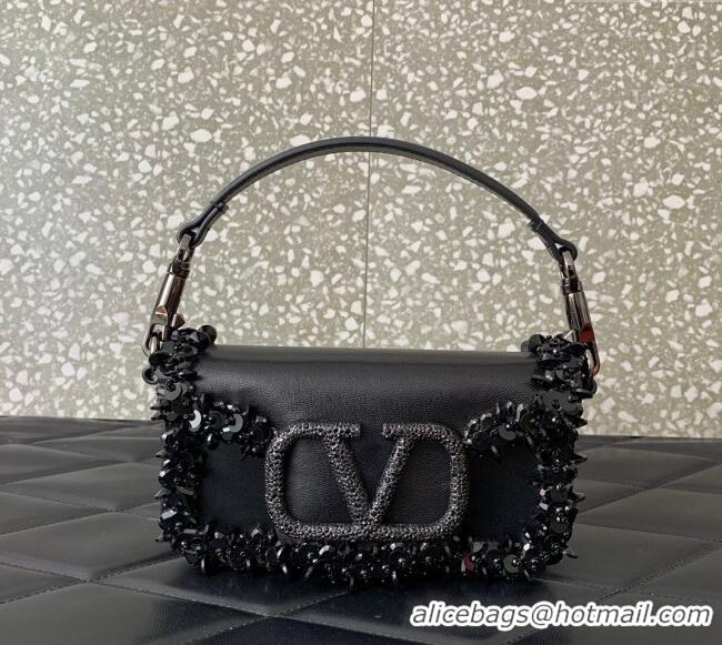 Most Popular Valentino Loco Small Shoulder Bag with Embroidered Trim 6036 Black 2024