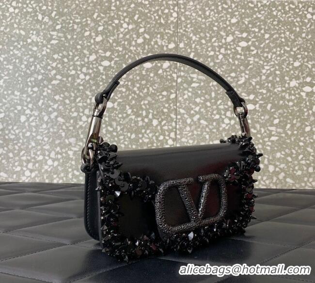 Most Popular Valentino Loco Small Shoulder Bag with Embroidered Trim 6036 Black 2024