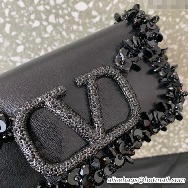 Most Popular Valentino Loco Small Shoulder Bag with Embroidered Trim 6036 Black 2024