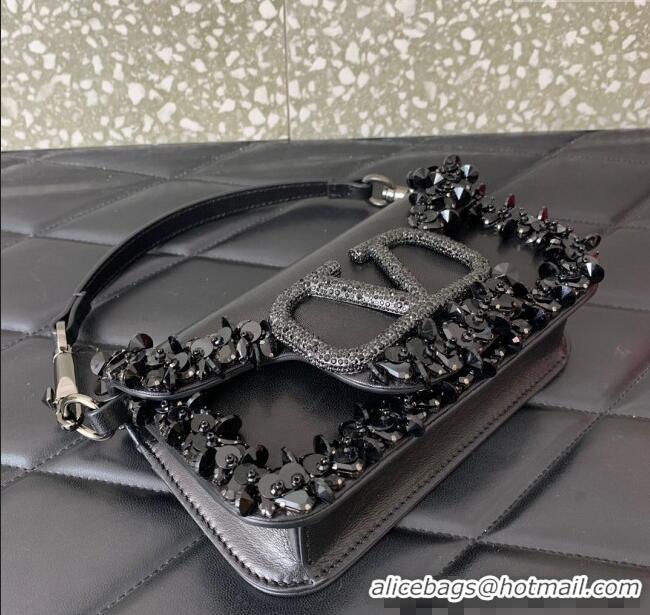 Most Popular Valentino Loco Small Shoulder Bag with Embroidered Trim 6036 Black 2024