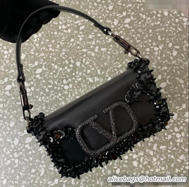 Most Popular Valentino Loco Small Shoulder Bag with Embroidered Trim 6036 Black 2024