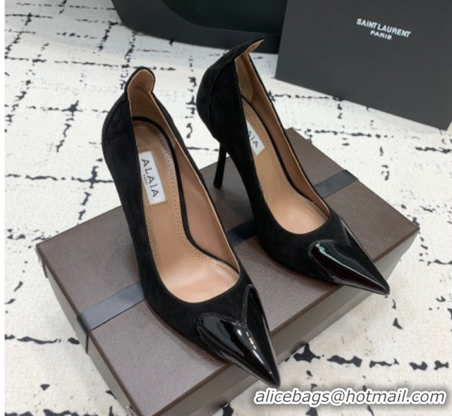 Stylish Alaia Le Cœur Heart High Pumps 10.5cm in Suede and Patent Leather Black AL100804 1008016