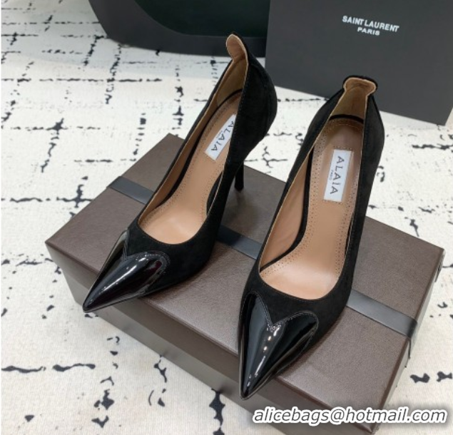 Stylish Alaia Le Cœur Heart High Pumps 10.5cm in Suede and Patent Leather Black AL100804 1008016