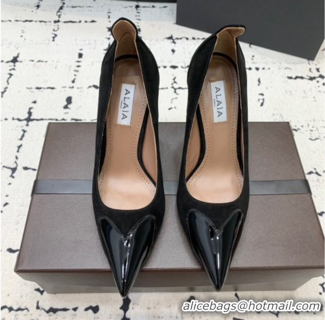 Stylish Alaia Le Cœur Heart High Pumps 10.5cm in Suede and Patent Leather Black AL100804 1008016