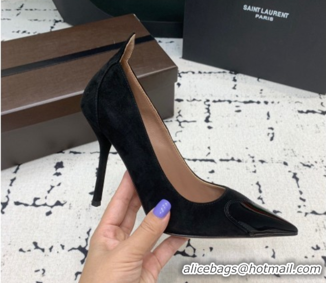 Stylish Alaia Le Cœur Heart High Pumps 10.5cm in Suede and Patent Leather Black AL100804 1008016