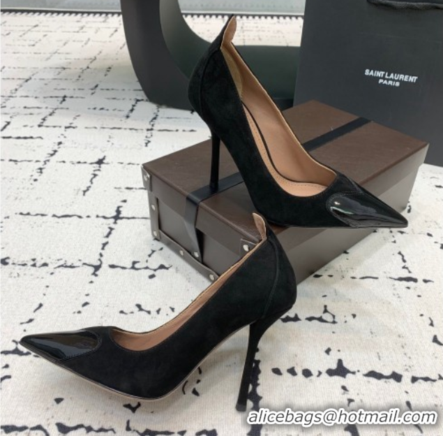 Stylish Alaia Le Cœur Heart High Pumps 10.5cm in Suede and Patent Leather Black AL100804 1008016