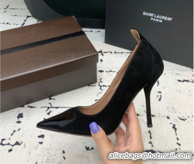 Stylish Alaia Le Cœur Heart High Pumps 10.5cm in Suede and Patent Leather Black AL100804 1008016