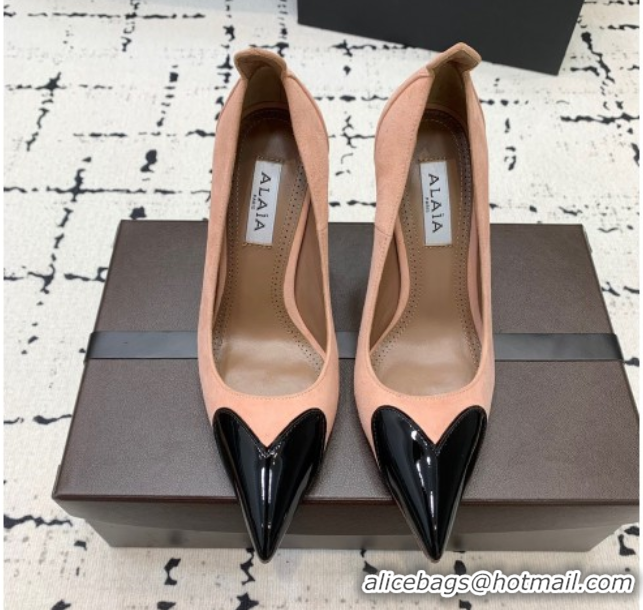 Best Grade Alaia Le Cœur Heart High Pumps 10.5cm in Suede and Patent Leather Nude Pink AL100804 1008017