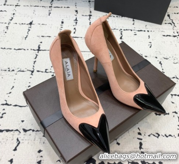 Best Grade Alaia Le Cœur Heart High Pumps 10.5cm in Suede and Patent Leather Nude Pink AL100804 1008017