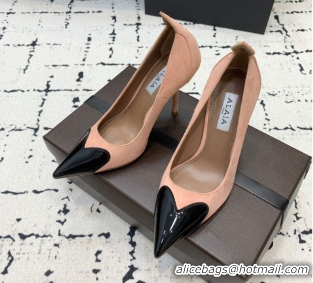 Best Grade Alaia Le Cœur Heart High Pumps 10.5cm in Suede and Patent Leather Nude Pink AL100804 1008017