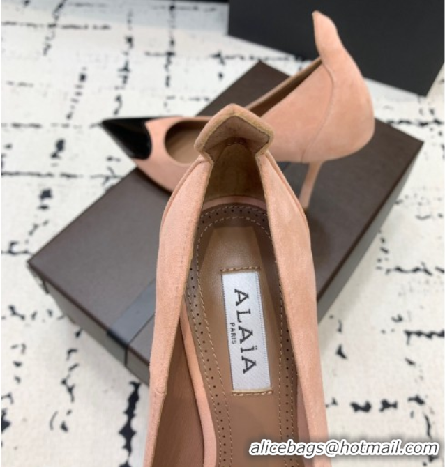 Best Grade Alaia Le Cœur Heart High Pumps 10.5cm in Suede and Patent Leather Nude Pink AL100804 1008017