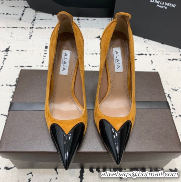 Sumptuous Alaia Le Cœur Heart High Pumps 10.5cm in Suede and Patent Leather Yellow AL100804 1008018