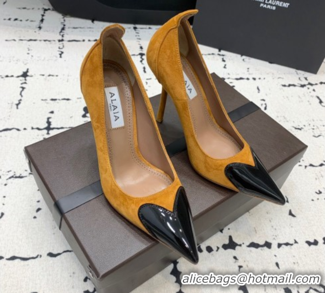 Sumptuous Alaia Le Cœur Heart High Pumps 10.5cm in Suede and Patent Leather Yellow AL100804 1008018
