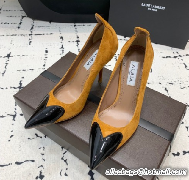 Sumptuous Alaia Le Cœur Heart High Pumps 10.5cm in Suede and Patent Leather Yellow AL100804 1008018