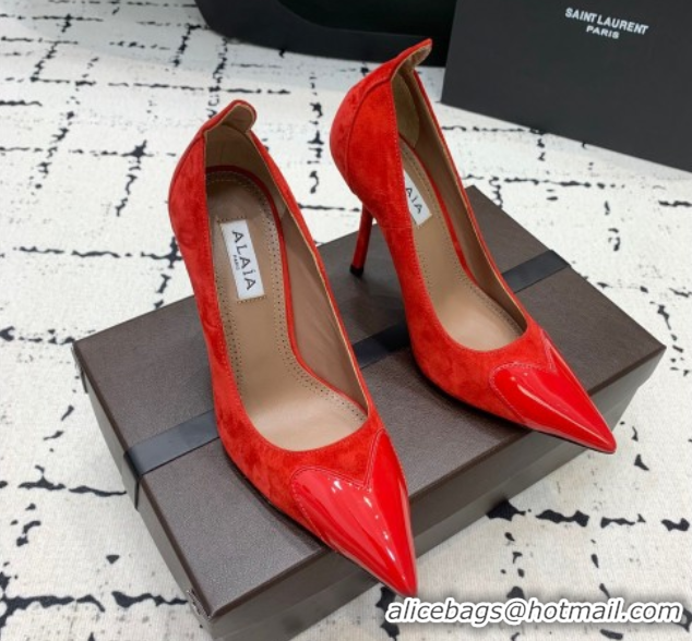 Top Grade Alaia Le Cœur Heart High Pumps 10.5cm in Suede and Patent Leather Red AL100804 1008019