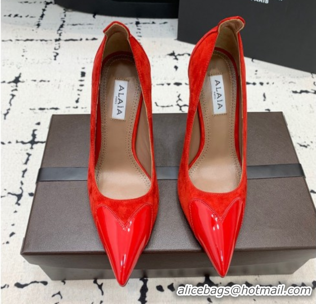 Top Grade Alaia Le Cœur Heart High Pumps 10.5cm in Suede and Patent Leather Red AL100804 1008019