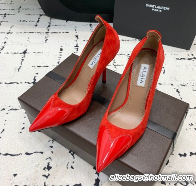 Top Grade Alaia Le Cœur Heart High Pumps 10.5cm in Suede and Patent Leather Red AL100804 1008019