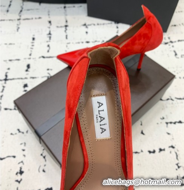 Top Grade Alaia Le Cœur Heart High Pumps 10.5cm in Suede and Patent Leather Red AL100804 1008019