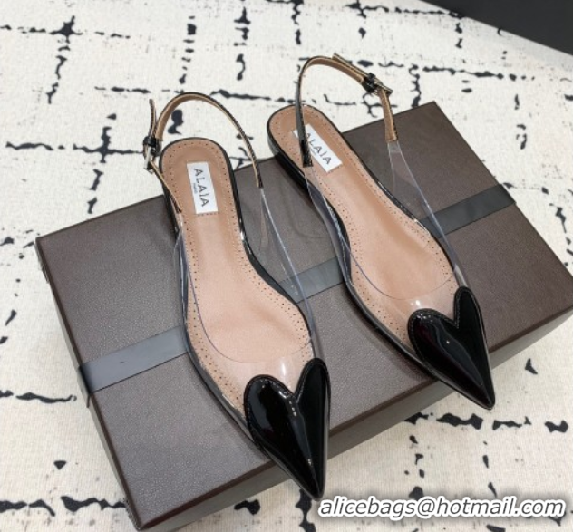 Perfect Alaia Le Cœur Heart Slingback Flats in PVC and Patent Leather Black AL100805 1008020