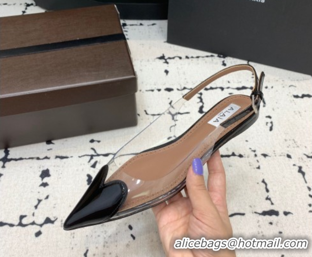 Perfect Alaia Le Cœur Heart Slingback Flats in PVC and Patent Leather Black AL100805 1008020