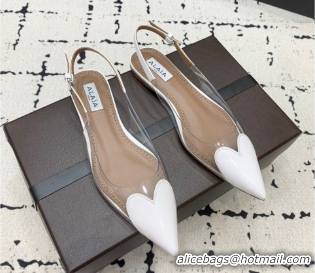 Good Quality Alaia Le Cœur Heart Slingback Flats in PVC and Patent Leather White AL100805 1008021