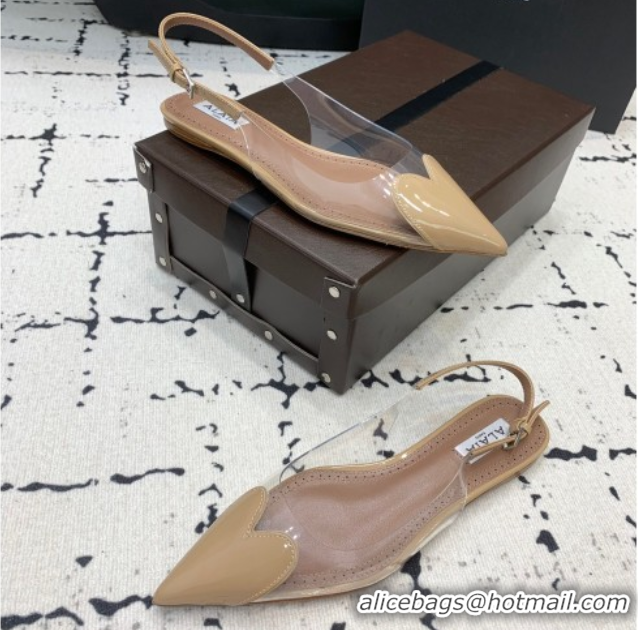 Buy Luxury Alaia Le Cœur Heart Slingback Flats in PVC and Patent Leather Beige AL100805 1008022