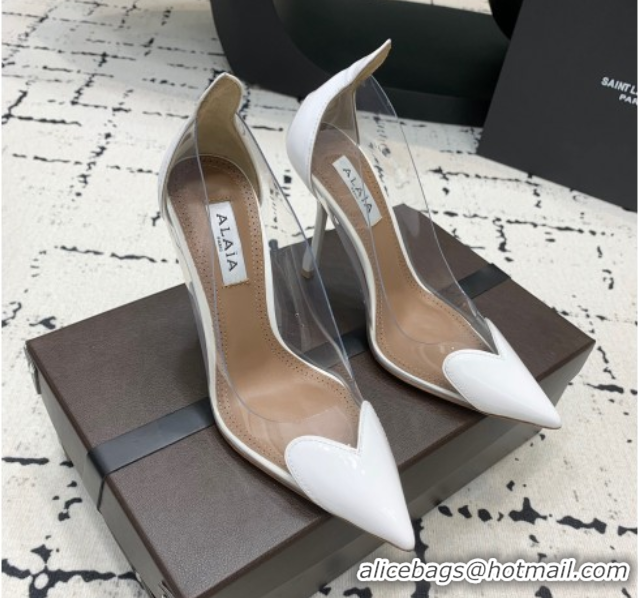 Most Popular Alaia Le Cœur Heart High Pumps 10.5cm in PVC and Patent Leather White AL100806 1008025