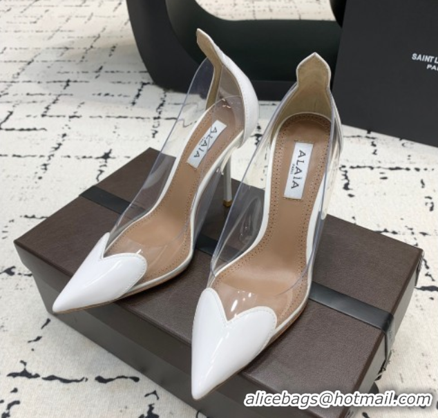 Most Popular Alaia Le Cœur Heart High Pumps 10.5cm in PVC and Patent Leather White AL100806 1008025