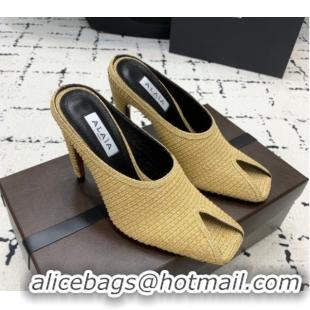 Best Product Alaia Spike Heel Mules 10cm in Raffia Straw with Open Toe Khaki AL053102 1008028