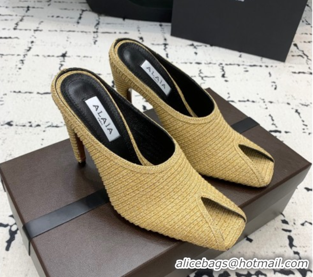Best Product Alaia Spike Heel Mules 10cm in Raffia Straw with Open Toe Khaki AL053102 1008028