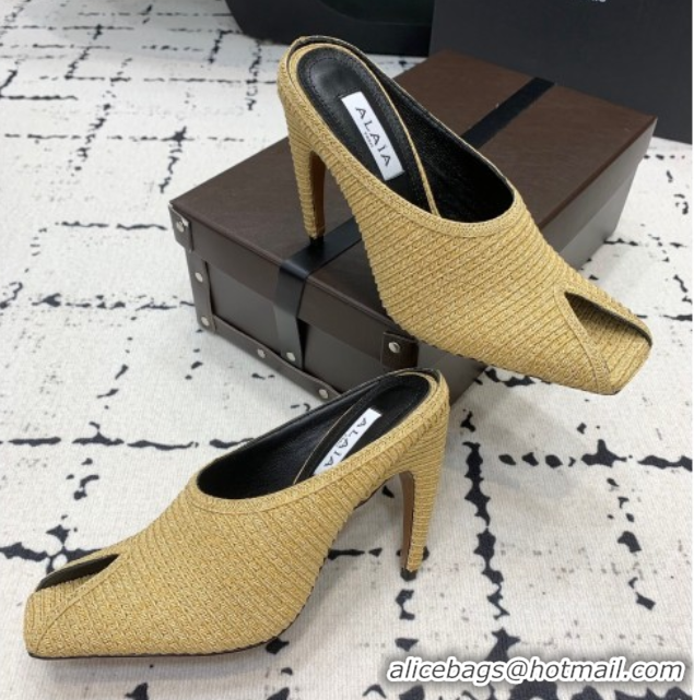 Best Product Alaia Spike Heel Mules 10cm in Raffia Straw with Open Toe Khaki AL053102 1008028