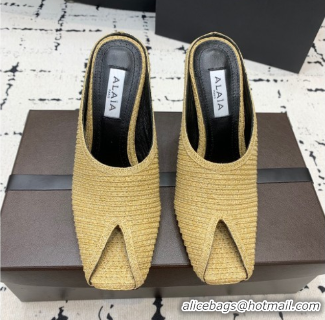 Best Product Alaia Spike Heel Mules 10cm in Raffia Straw with Open Toe Khaki AL053102 1008028