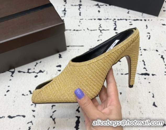 Best Product Alaia Spike Heel Mules 10cm in Raffia Straw with Open Toe Khaki AL053102 1008028