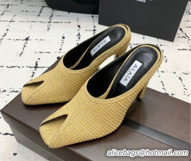 Best Product Alaia Spike Heel Mules 10cm in Raffia Straw with Open Toe Khaki AL053102 1008028