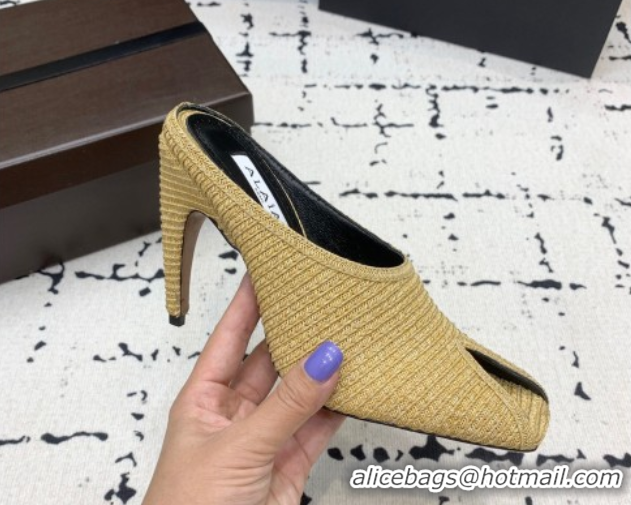 Best Product Alaia Spike Heel Mules 10cm in Raffia Straw with Open Toe Khaki AL053102 1008028