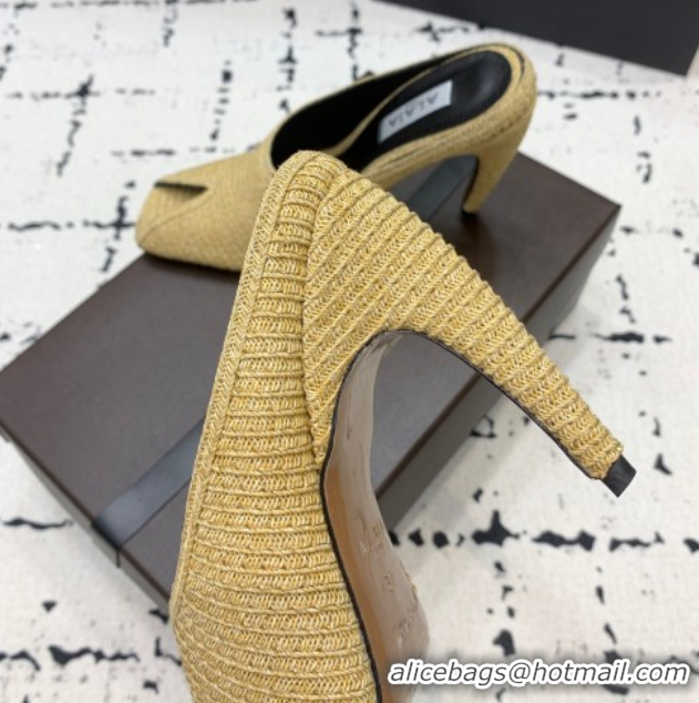 Best Product Alaia Spike Heel Mules 10cm in Raffia Straw with Open Toe Khaki AL053102 1008028