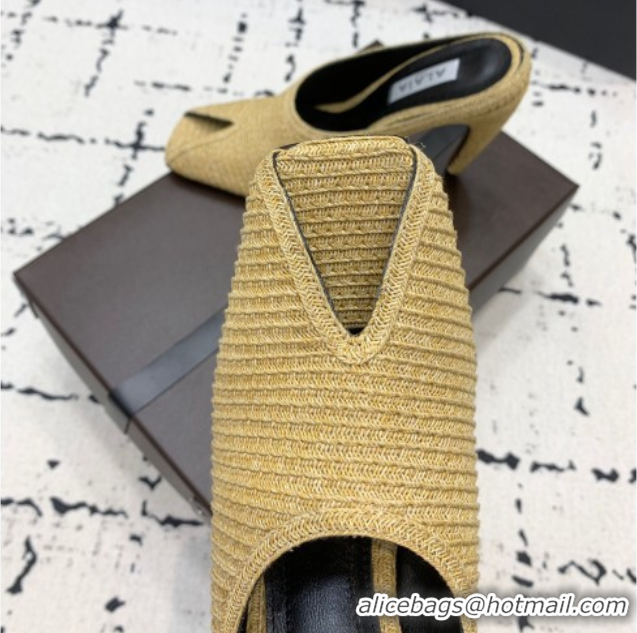 Best Product Alaia Spike Heel Mules 10cm in Raffia Straw with Open Toe Khaki AL053102 1008028