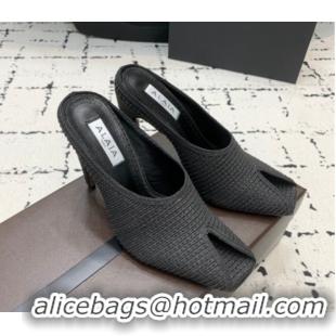 Pretty Style Alaia Spike Heel Mules 10cm in Raffia Straw with Open Toe Black AL053102 1008029