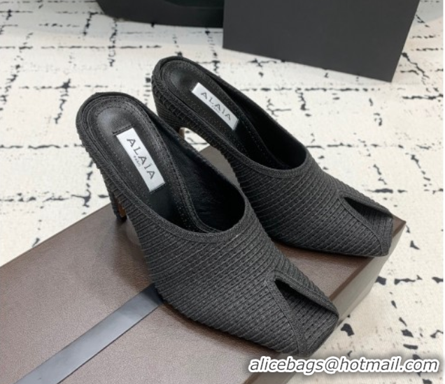 Pretty Style Alaia Spike Heel Mules 10cm in Raffia Straw with Open Toe Black AL053102 1008029