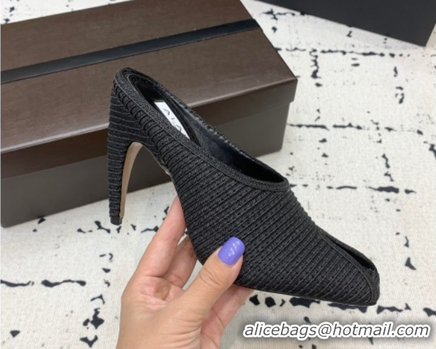 Pretty Style Alaia Spike Heel Mules 10cm in Raffia Straw with Open Toe Black AL053102 1008029