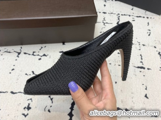 Pretty Style Alaia Spike Heel Mules 10cm in Raffia Straw with Open Toe Black AL053102 1008029