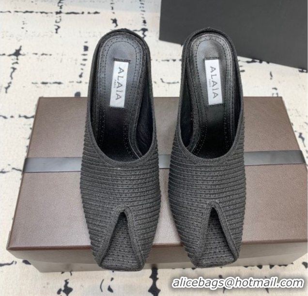 Pretty Style Alaia Spike Heel Mules 10cm in Raffia Straw with Open Toe Black AL053102 1008029